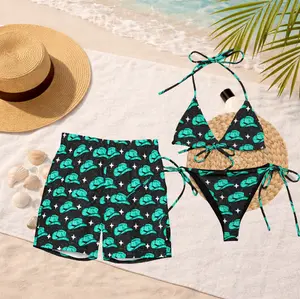 Baha Ranch Yeehaw Turquoise Hat Matching Swimwear, Women's String Bikini & Men's Swim Trunks, Western Cowboy Couple Swimsuits, Turquoise Rodeo Beachwear, Honeymoon Vacation Outfit