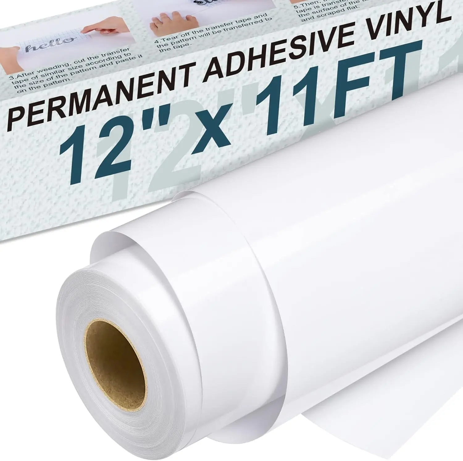 Permanent Vinyl - 12" X 11FT White Adhesive Vinyl Roll for Cricut, Silhouette and Other Cutters, Permanent Outdoor Vinyl for Cup,Decor Sticker,  Decal, Scrapbooking, Signs(Glossy White)