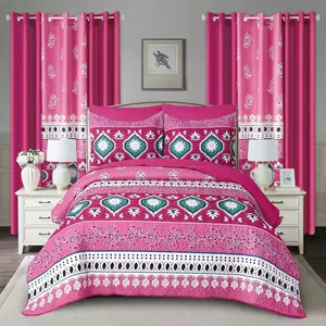 10 Pcs Printed Bedspread Set Luxury High Quality Quilt Set Quilting Thin Comforter Set All Season Use 2 Printed Curtains 4 Solid Curtains 2 Pillow Shams 1 Fitted Sheet 1 Bedspread Holiday Gift For Famliy & Friends Local Warehouse