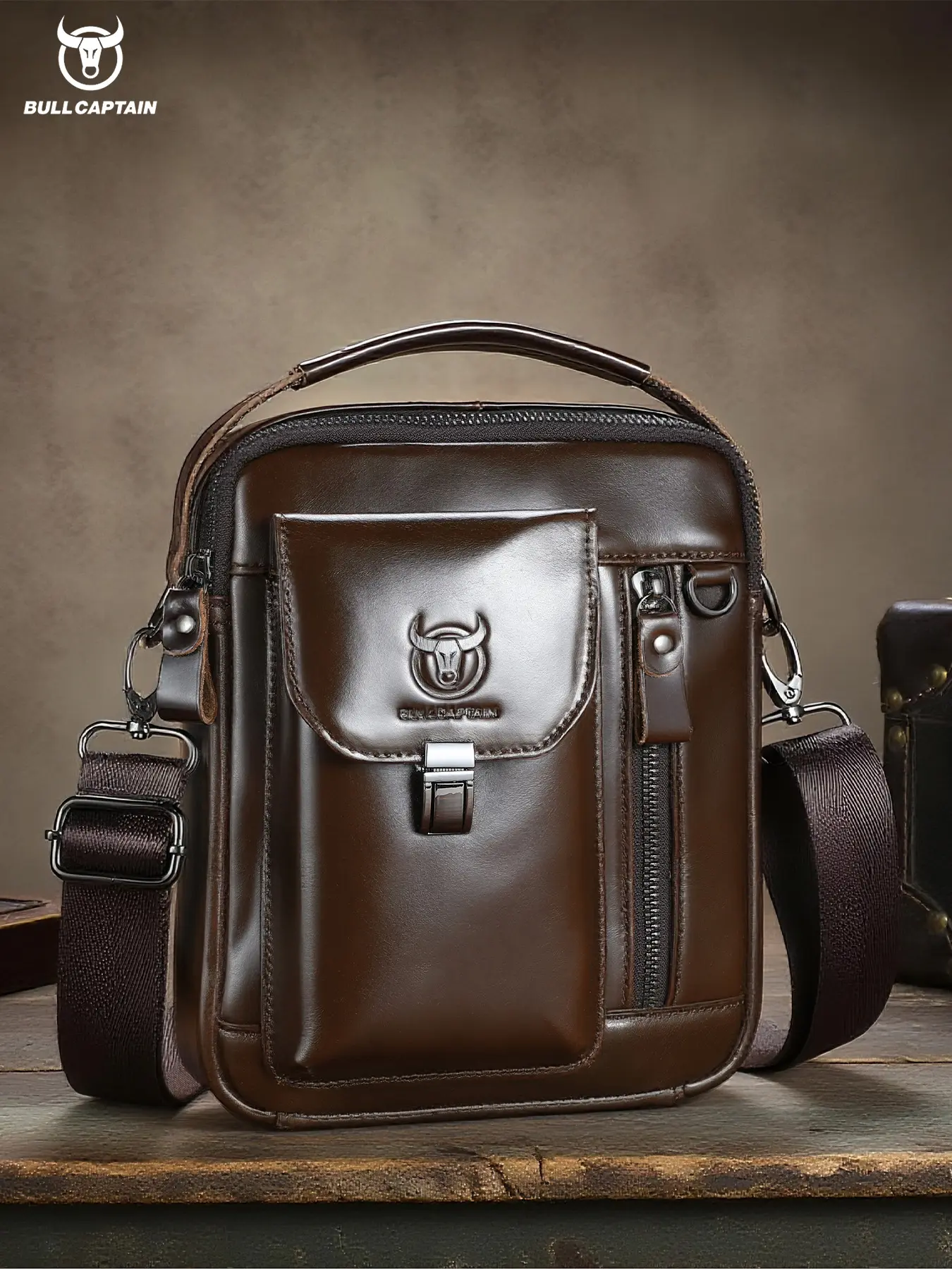 BULLCAPTAIN Men's Genuine Leather Crossbody Bag, Vintage Large Capacity Phone Purse, 8 Inch Shoulder Handbag for Men, Commuting Shoulder Bag, Durable & Stylish Design, Leather Shoulder Bags