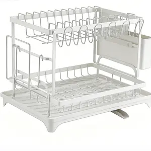 Double drain rack, kitchen countertop dish rack, kitchen accessories with drain tray and cutlery rack