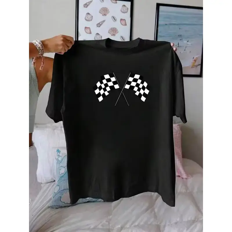 Men's Checkered Flags Crossed Graphic T-Shirt, Casual Streetwear Short-Sleeve Lightweight Breathable Crew Neck Tee Tops for Race Track Events, Comfortable Machine-Washable Gender-Neutral Shirt