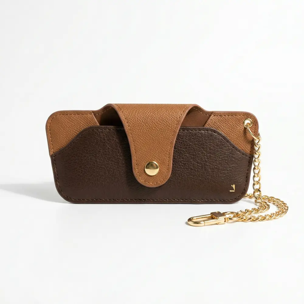 Women's Monogram Sunglasses Case, Classic Brown Canvas and Leather Glasses Holder, Lightweight Pouch with Gold Chain Bag Charm, Eye Glass Holder, Glasses Storage