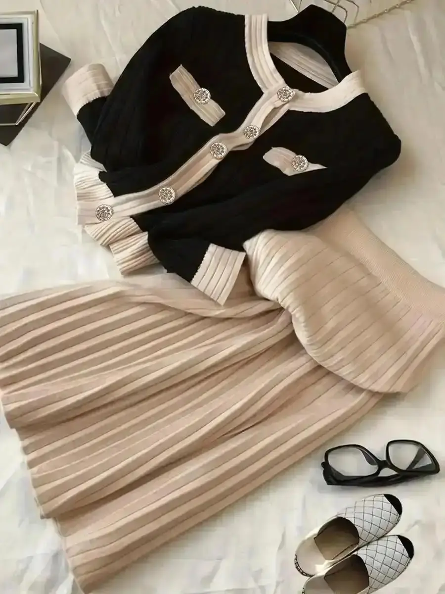 2026 Elegant French Vintage Knit Dress Set, Autumn Winter Two-Piece with Round Neck Long Sleeve Top and Skirt Combo, Lightweight, Flexible Fit, Warm Style, Layered Look, On The Go, Fall Layers, Weekend Wear