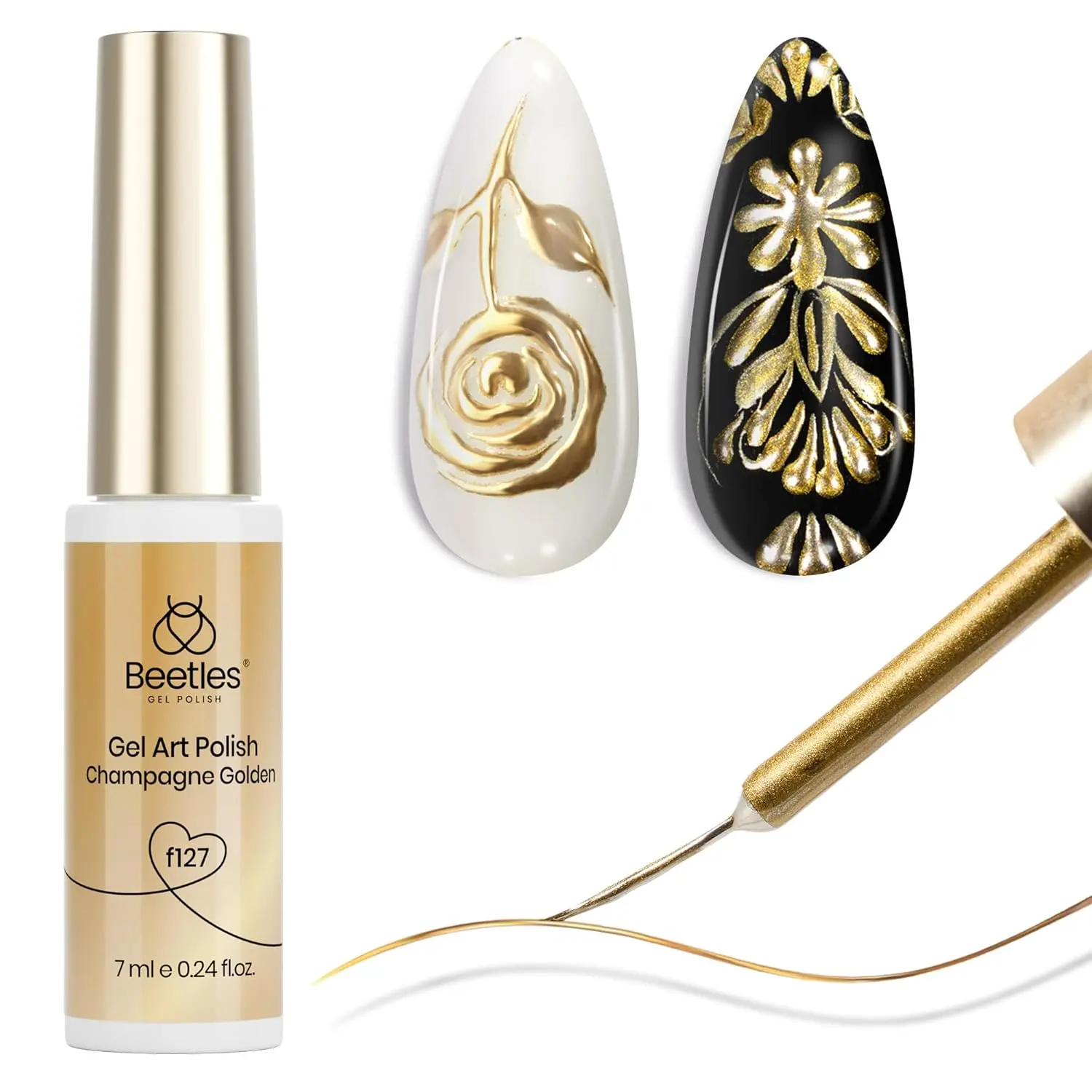 Beetles Metallic Gold Gel Liner 7ml French Tip Gel Polish 3D Mirror Chrome Effect Metal Painted Nail Polish Build in Thin Brush French Swirl Line Nail Art Soak off Uv Lamp Manicure Salon, Nail Care, Chrome Nails