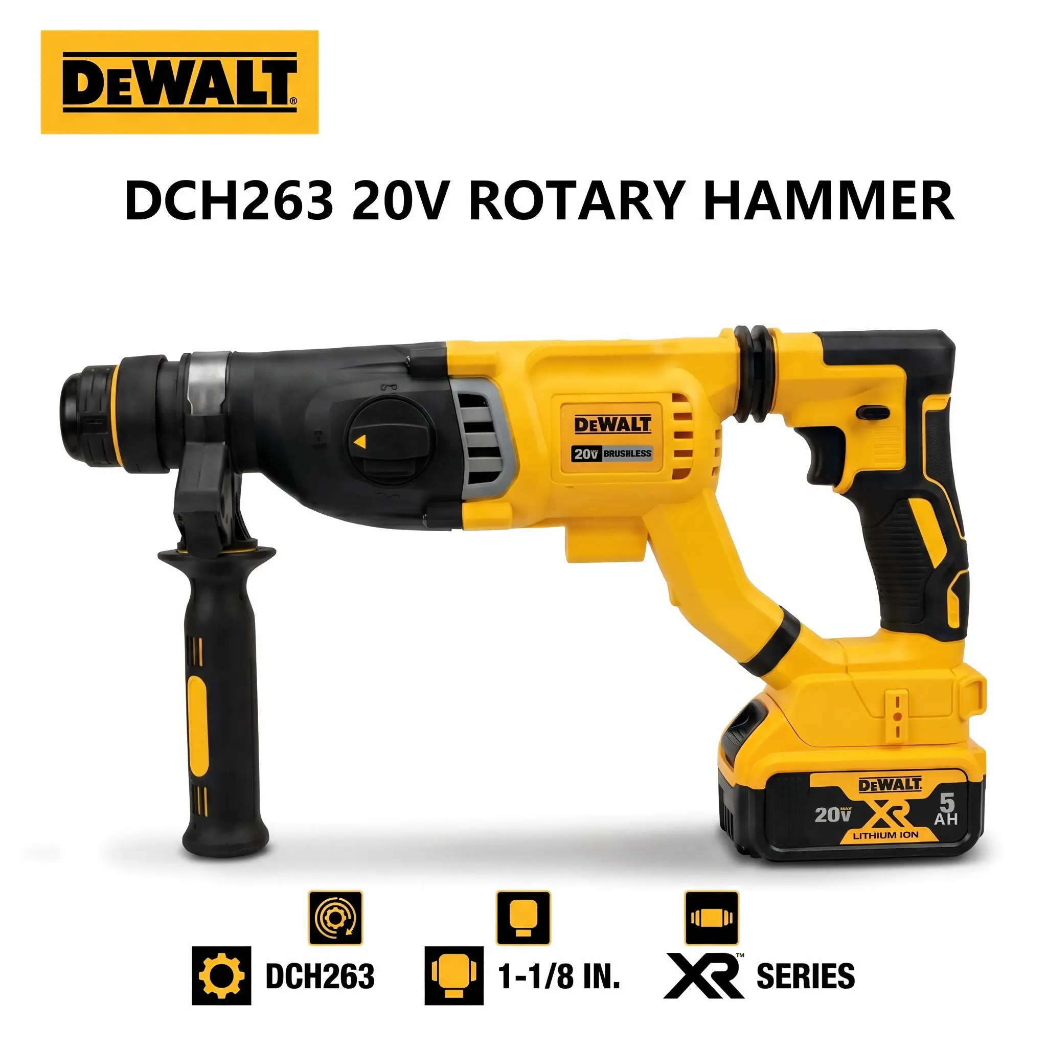 DEWALT DCH263 Handheld Rotary Hammer Impact Drill - 3 Working Modes, Active Vibration Reduction, Ideal for Concrete, Wood, Masonry Perforating, Surface Chipping (Tools & Hardware Power Tool with Batteries Compatibility) wrench torque brushless, Anchoring