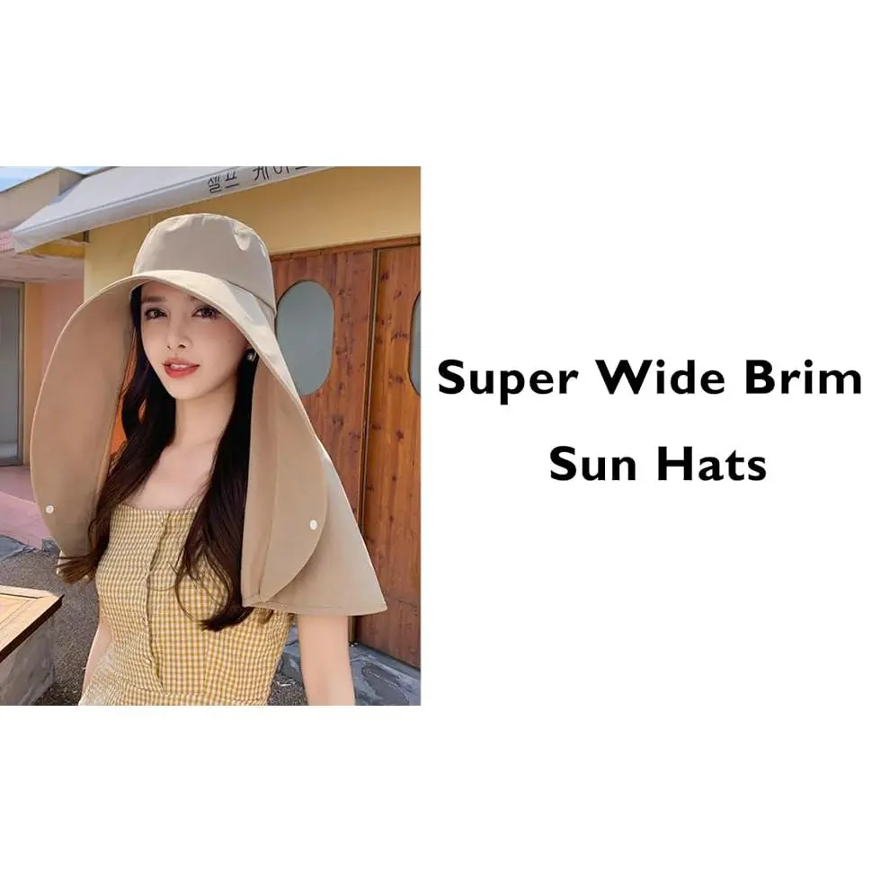 Women's sun protection solid color bucket hat |   Sun hat, Khaki women's ultra-wide brim sun hat, UV protection beach hat with neck hood, foldable large bucket hat for outdoor use