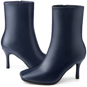 BLISSFUL STEP Women's Leather Booties Stiletto Heels Square Toe Ankle Boots