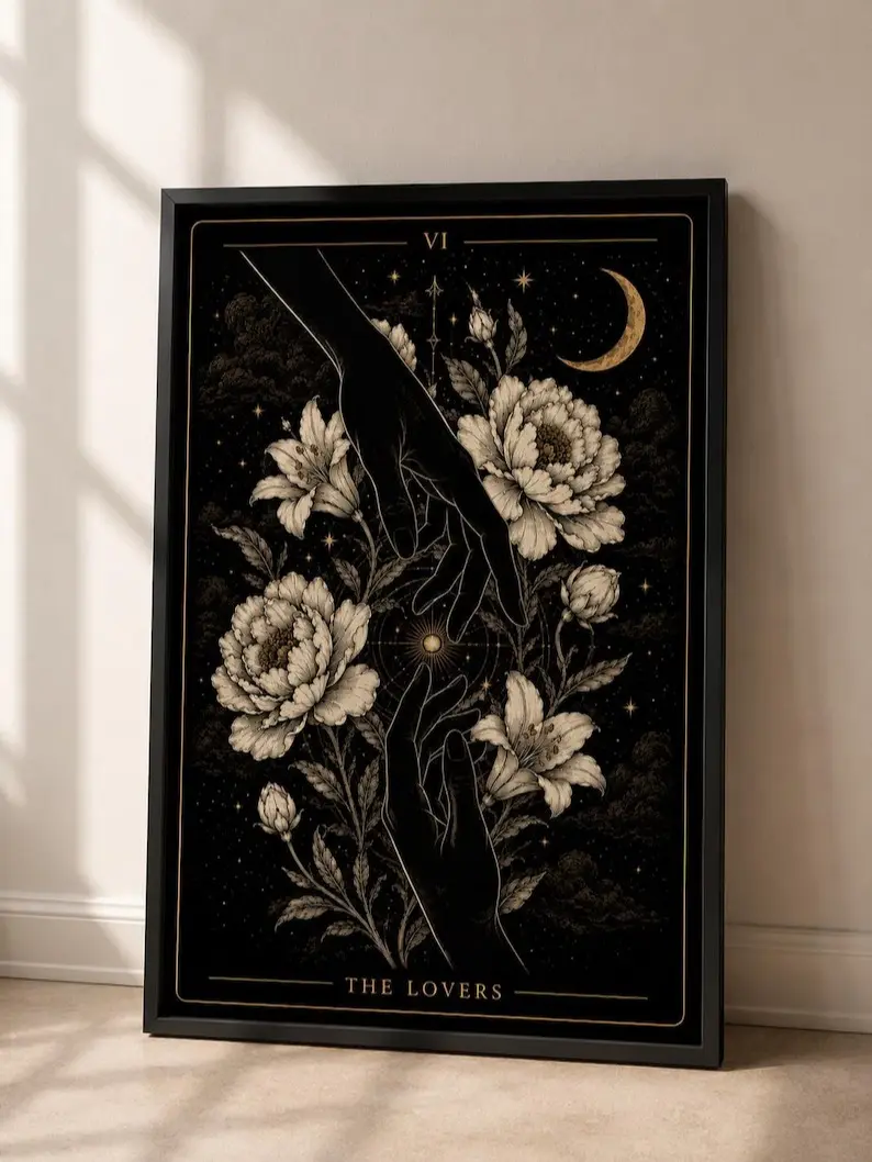 The Lovers Tarot Poster - Artistic Photo Paper High-Res Paper Wall Print, Decorative Artwork, Romantic Gothic Witchy Dark Academia Home Decor, Kid Room Wall Art