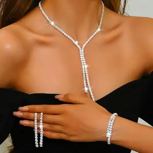 4-piece bridal wedding jewelry set, rhinestone necklace, earring bracelet set, formal dance costume jewelry set, suitable for women and brides