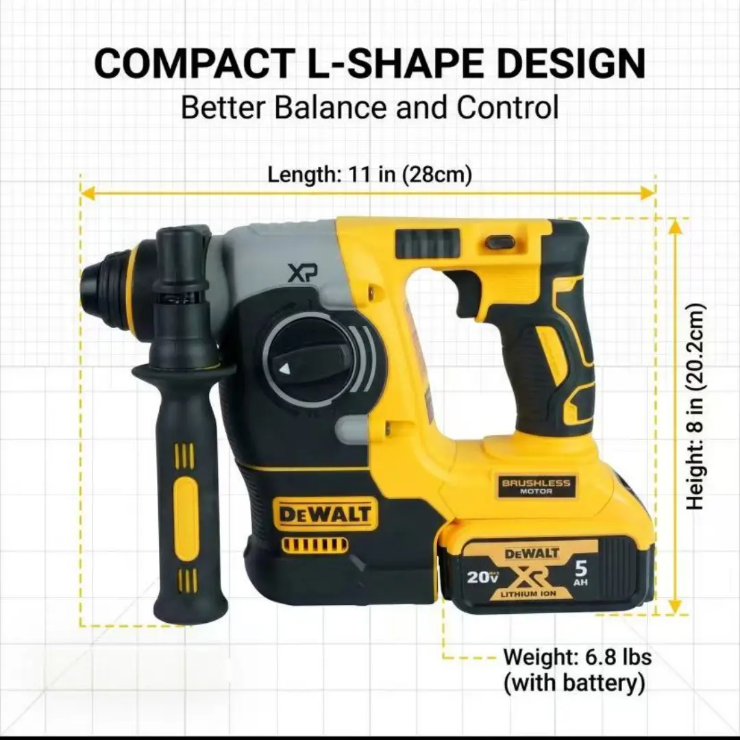 DEWALT DCH273 20V Power Brushless Cordless Rotary Hammer - Compact Drill with 360° Handle, 6.0Ah Battery, Tough Materials for Masonry Drilling, Brushless Motor