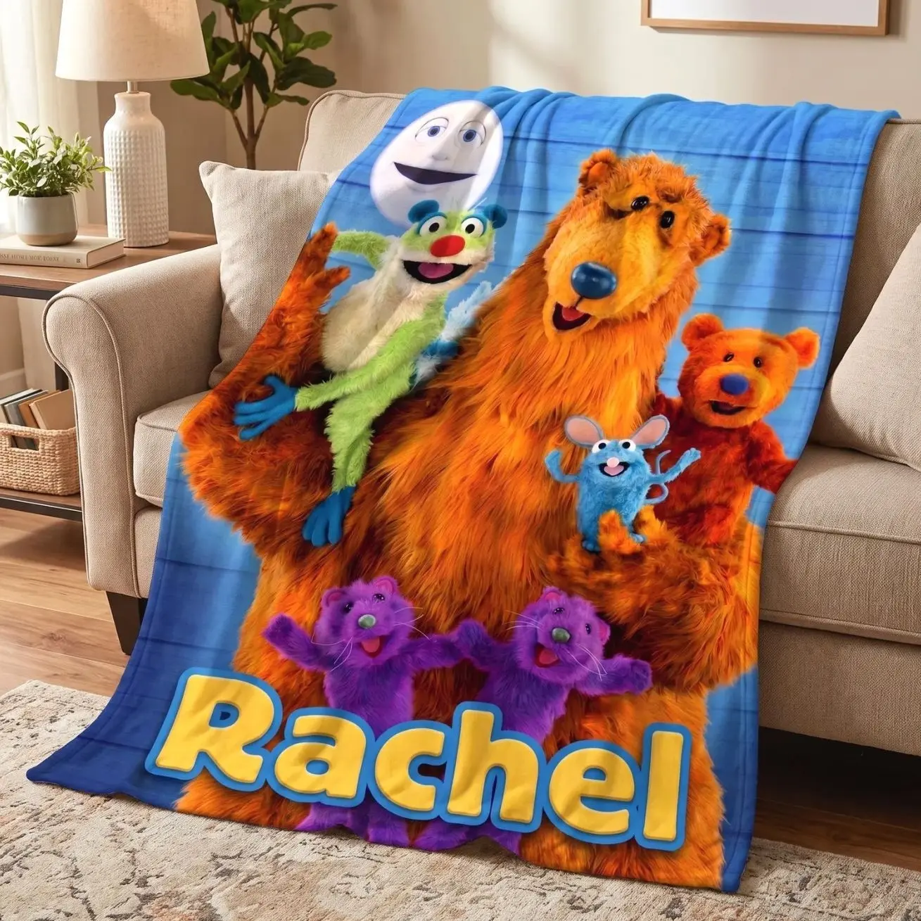 Personalized Orange Bear Blanket, Custom Name Animal Friends Throw, Cartoon Forest Animals Fleece Blanket for Kids