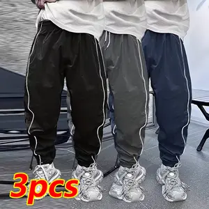 Men's Fashion Jogger Set with Three Pieces, Featuring Pockets and Stylish White Side Stripes - Breathable and Comfortable Drawstring Sports Pants Suitable for Outdoor Activities, Casual Wear, and Relaxing at Home