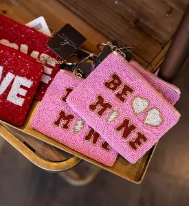 BE MINE Beaded Pouch - Pink Design with Heart and Letter Motifs, Ideal for Personal Items and Accessories
