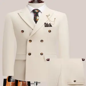 Latest Men's Solid Color Suit Two-Piece Peaked Lapel Double-Breasted Four Seasons Business Formal Casual Wedding Dress tuxedo baggy  prom