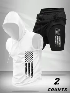 American Patriotic Style Worn-Out Flag Sportswear Set Hooded Sleeveless Top Drawstring Shorts, Casual Loose-Fitting Long Length