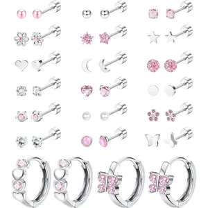 LOYALLOOK 20Pairs Screw Back Earrings Stud for Women Surgical Steel Hypoallergenic Cartilage Stud Earrings Tiny Opal CZ Screwback Flat Back Stud Earrings Cute Heart Hoop Earrings Set 20G Safety Design Elegant Fashionable Durable Sturdy