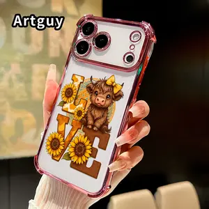 Compatible with iPhone 17 16 Pro Max 15 Plus 14 13 12 11 E Air Phone Case Calf Love Sunflowers Pattern Transparent Full Coverage Four Corners Anti-drop Casing