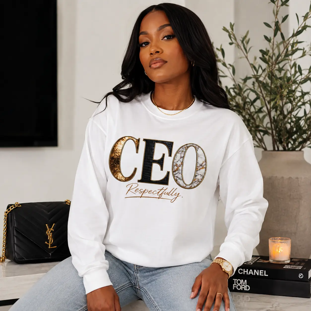CEO Respectfully Sweatshirt | Luxury Minimalist Crewneck | Quiet Luxury Aesthetic | Gold Graphic Sweatshirt | Corporate Baddie Outfit | Boss Babe Fashion