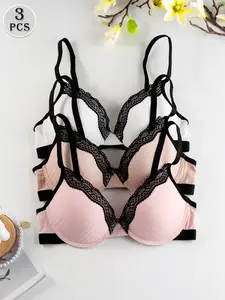 ✨ 3 Pack Sexy Lace Trim Push Up Bra! Underwire Support & Anti-Sag, Adjustable Thin Straps Back Closure, Side Boob Control No Slip No Shift, Versatile For Daily Commute & Date Night! Fit Everyday
