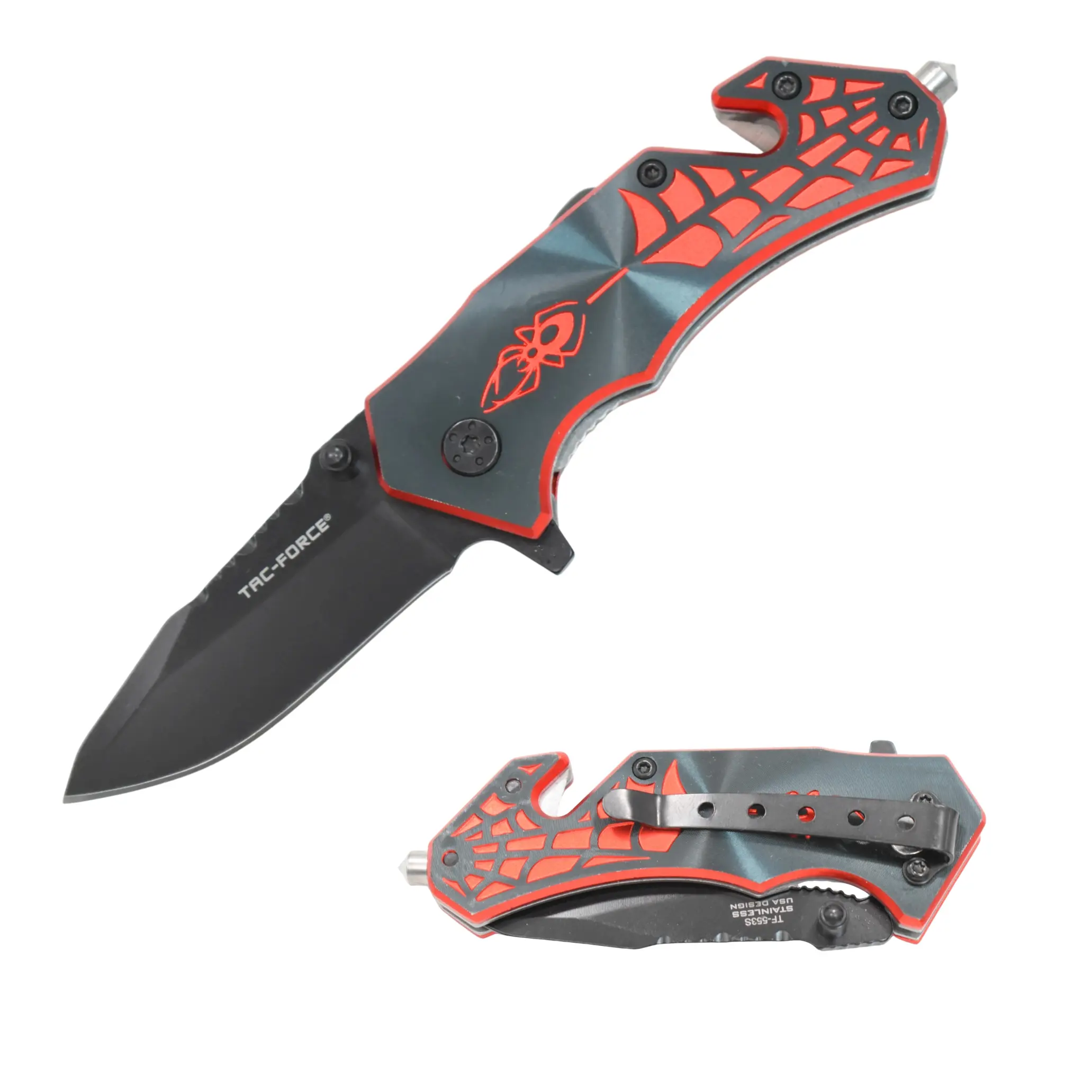 TAC Force TF-553 Spider Rescue Pocket Folding Knife, 2.5" Half-Serrated Stainless Steel Blade, Aluminum Handle with Seat Belt Cutter and Glass Breaker, EDC Survival Hand Tool, Edc Survival Equipment