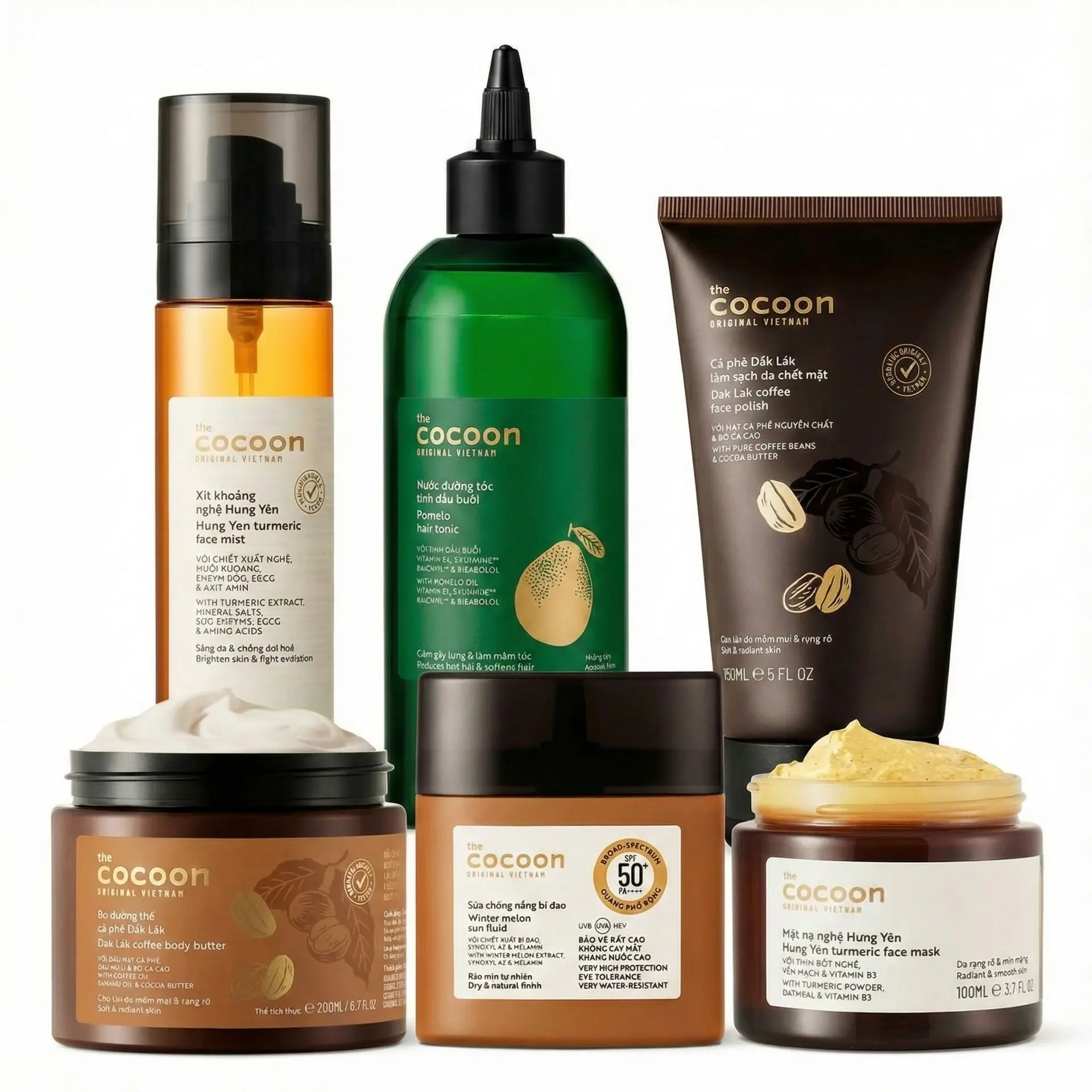 COCOON Ultimate Glow & Renewal 6-Piece Set - Full-Size Hair, Face & Body Care with Turmeric Face Mask, Coffee Polish & Sunscreen for Smooth Skin, Moisturizer, Lightweight