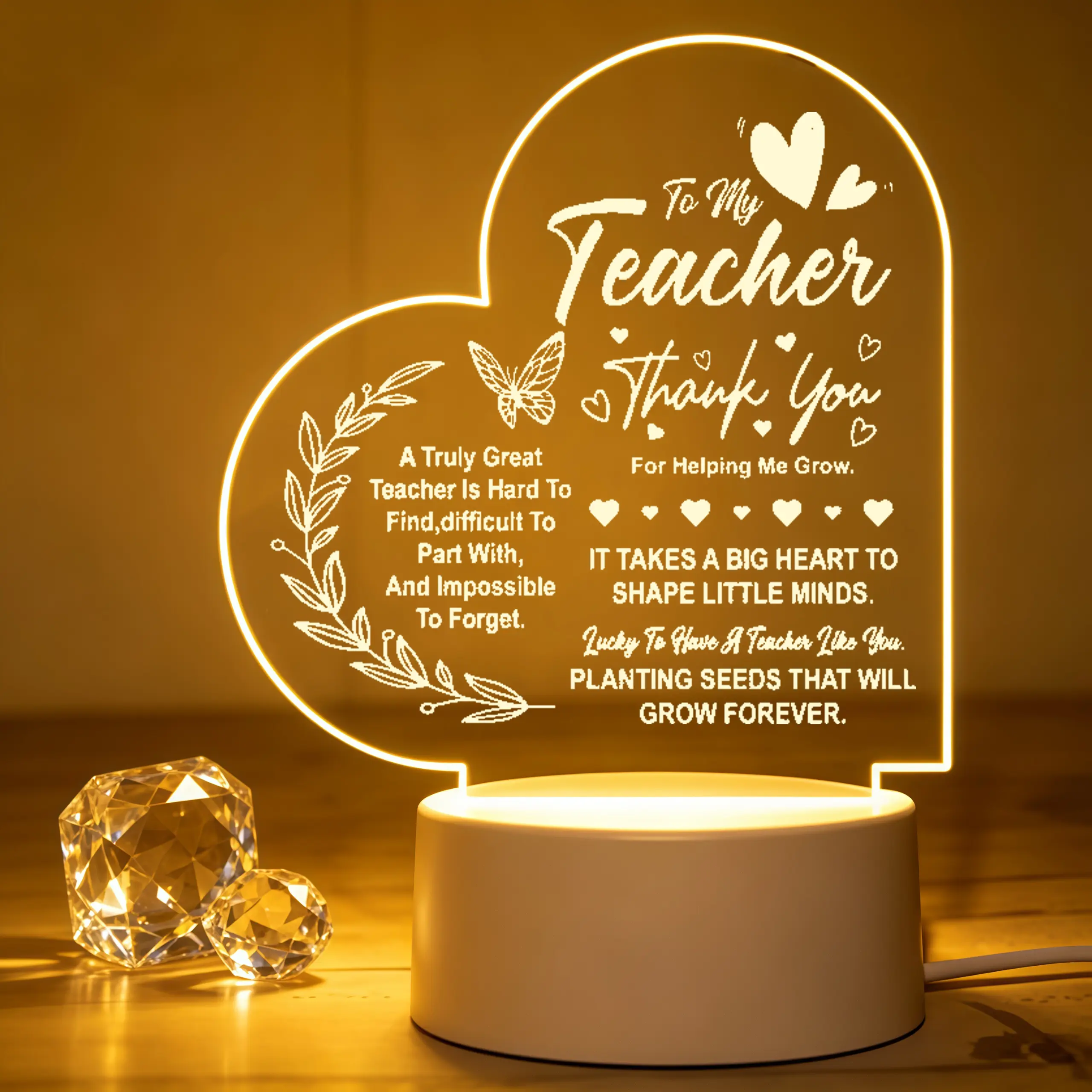 Heart Shape Teacher 2D Acrylic Sign, Butterfly Laurel Wreath Thank You Teacher Decor Plaque, Tabletop Ornament, Teachers Day Birthday Thanksgiving Christmas Gift for Teacher