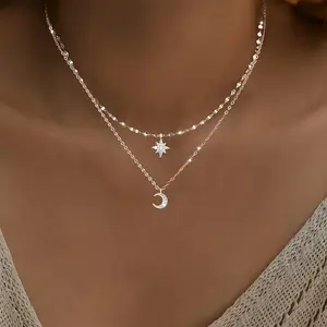 New 2pcs 2-In-1 Layered Necklace Star Moon Necklace Ladies Layered Chain Necklace Necklace