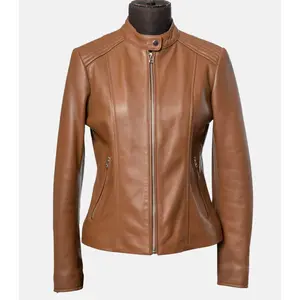Women's Stylish Brown Leather Jacket with Slim Fit Design