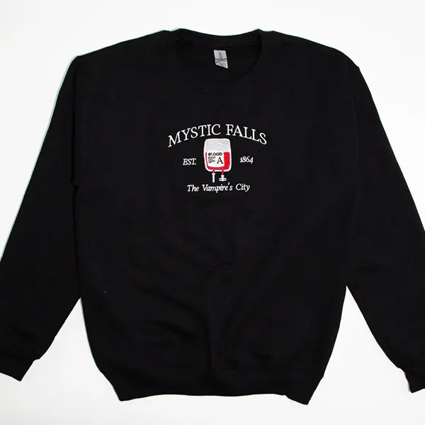 Embroidered Mystic Falls Crewneck Sweatshirt, The Vampire City, Salvatore Sweatshirt