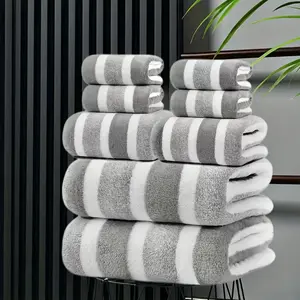 8-piece set, no hair loss, super water absorption, super soft two-color striped interval bath towel combination, including 2 large bath towels, 2 large face towels, 4 hand towels