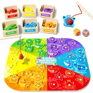Wooden Geometric Shape Sorting Colorful Fishing Game Toy, 1 Set Color Recognizing Matching Game Toys, Educational Fun Toy for Kids Play Shape Sorter