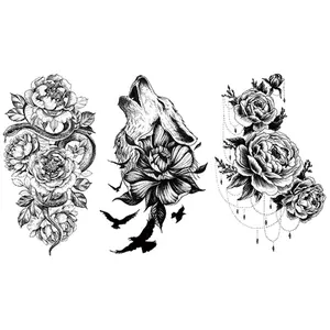 Set of 3 Waterproof Temporary Sticker Tattoos Featuring Unique Wolf, Rose, and Snake Designs, Large Arm and Leg Body Art for Bold Style