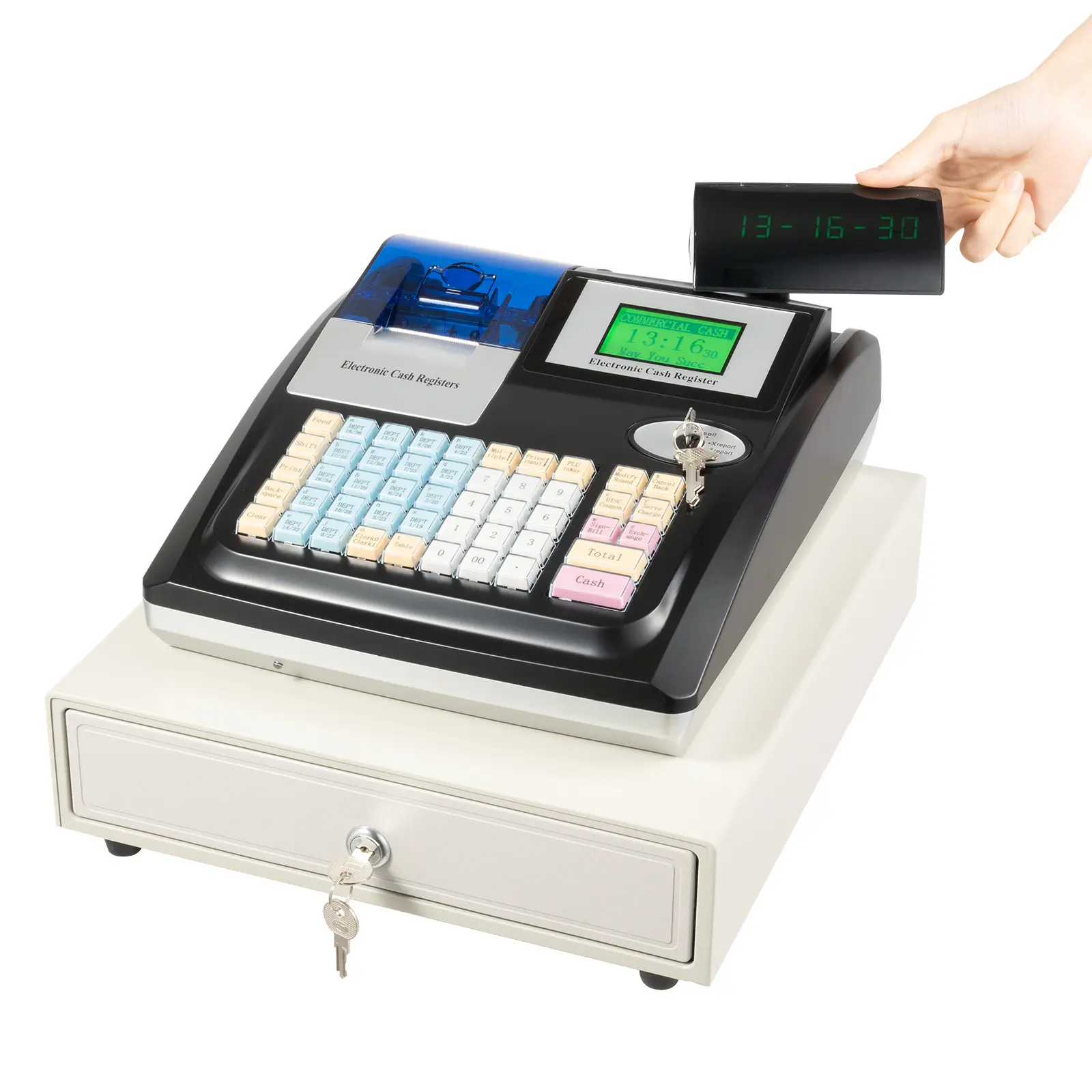 Modern Electronic Cash Register for Retail Stores, 48-Keys LCM+LED Display, Thermal Printer, Lockable Drawer, UV Detector, Multi Interface, High-Speed Printing, Barcode Scanners Compatibility