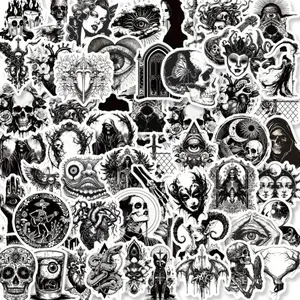 50 Pack Black And White Gothic Style Graffiti Stickers, For Water Bottles, Luggage, Helmets, Skateboards, Helmets, Hard Hats. Skulls, Skeletons, Dark
