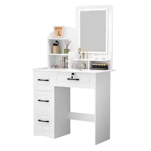 Makeup Desk with Mirror, Large Vanity Desk with 6 Opening Shelves, 4 Drawers, Makeup Vanity Table with Light, Bedroom Dressing Table
