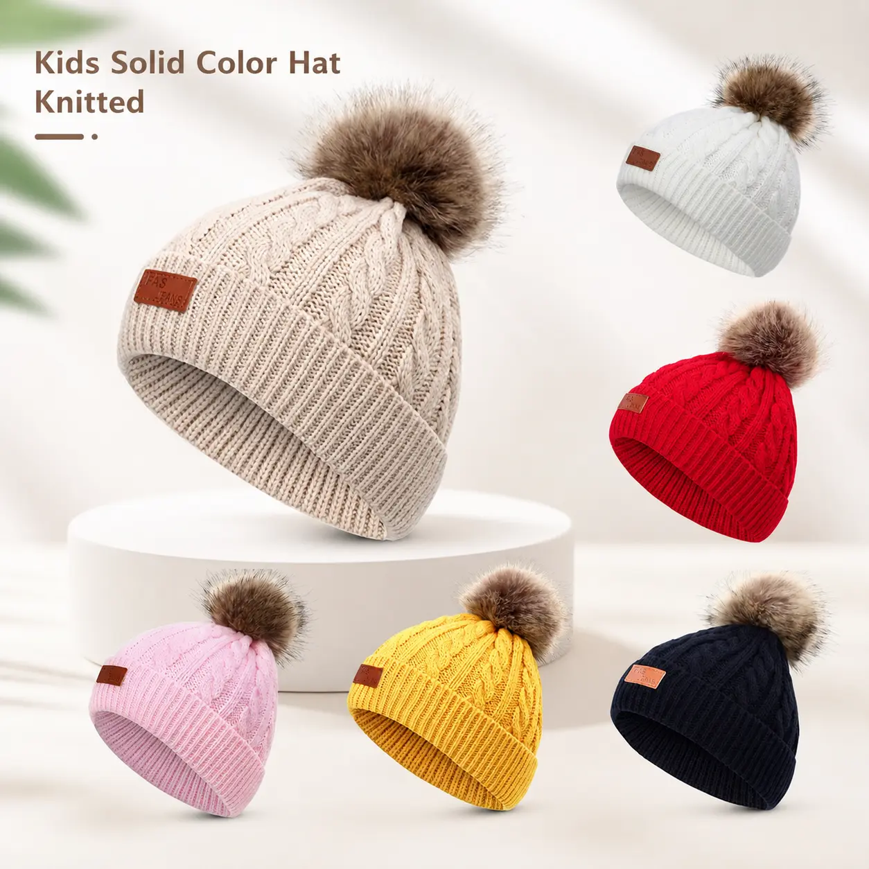 Kids Solid Color Hat Knitted Wool Ball Decoration Fashionable & Comfortable Beanie Cap Cozy Daily Outdoor Accessory