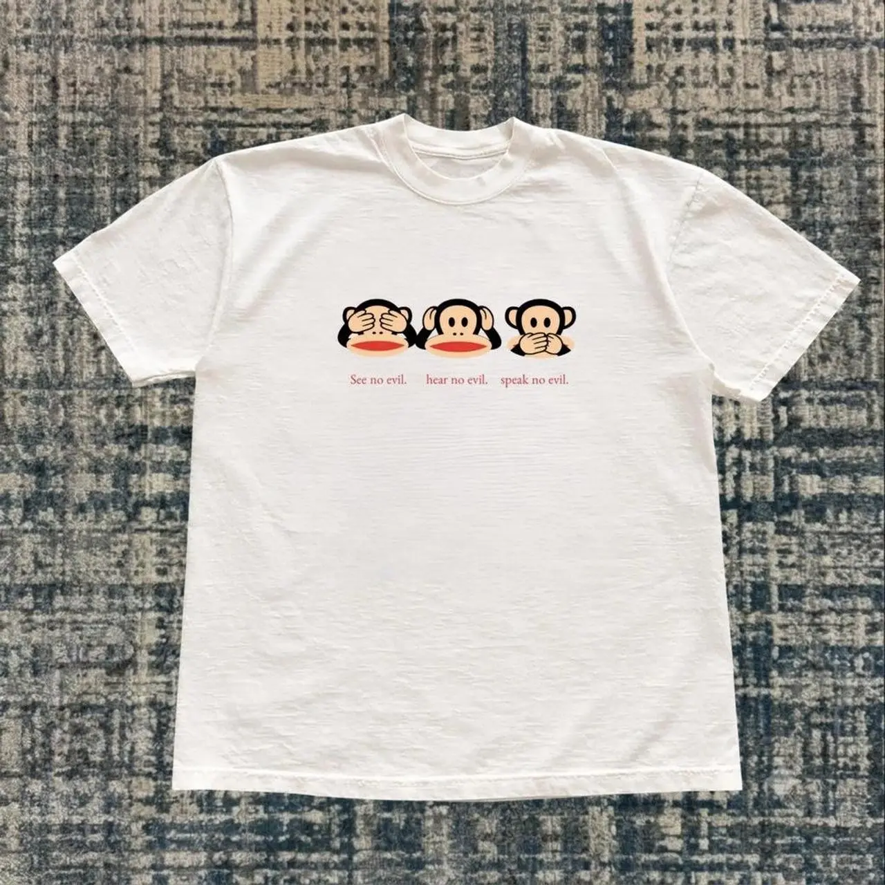 Paul Frank white tee with three monkeys graphic and 'See no evil, hear no evil, speak no evil'