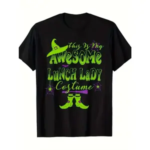 Women's Halloween Costume - This is My Awesome Lunch Lady Outfit Graphic Tee - Soft Breathable Black Shirt w/ Neon Green Text - Crew Neck Regular Fit T-Shirt for Halloween Party, School Event - Machine Washable  double print   Retro  Vintage Metalcore