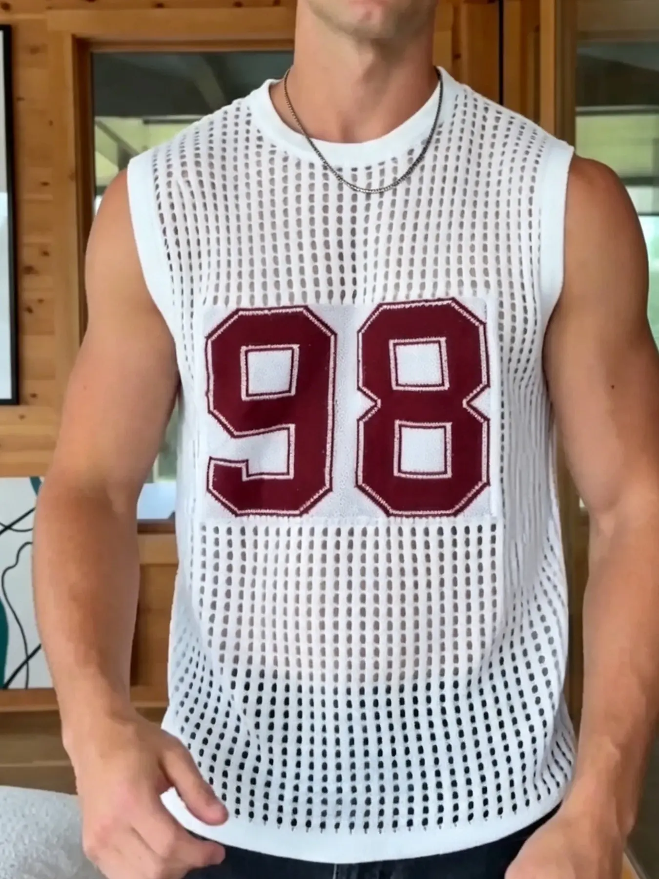Men's Number 98 Mesh Knit Tank Top Vest Top - Breathable Hollow Out Sleeveless Casual Streetwear Top,Green top, green T-shirt, green tank top, Summer Sleeveless Top, Knitted Tank Vest