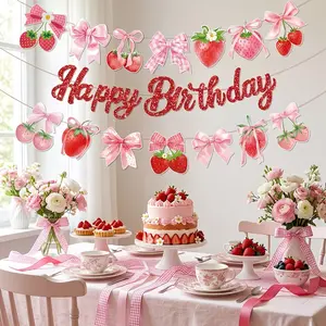 Strawberry Bow Birthday Banner and Wreath Set, Glitter Birthday Letters, Happy Birthday, Strawberry Party Decor, Girl Birthday Party, Baby Shower, Spring Event, Birthday Party Decoration