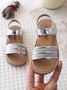 Girls' Summer Rhinestone Velcro Adjustable Strap Flat Beach Sandals, Soft Sole Open-Toe Breathable, Comfortable Inner, Ideal for Daily Wear and Beach Vacation
