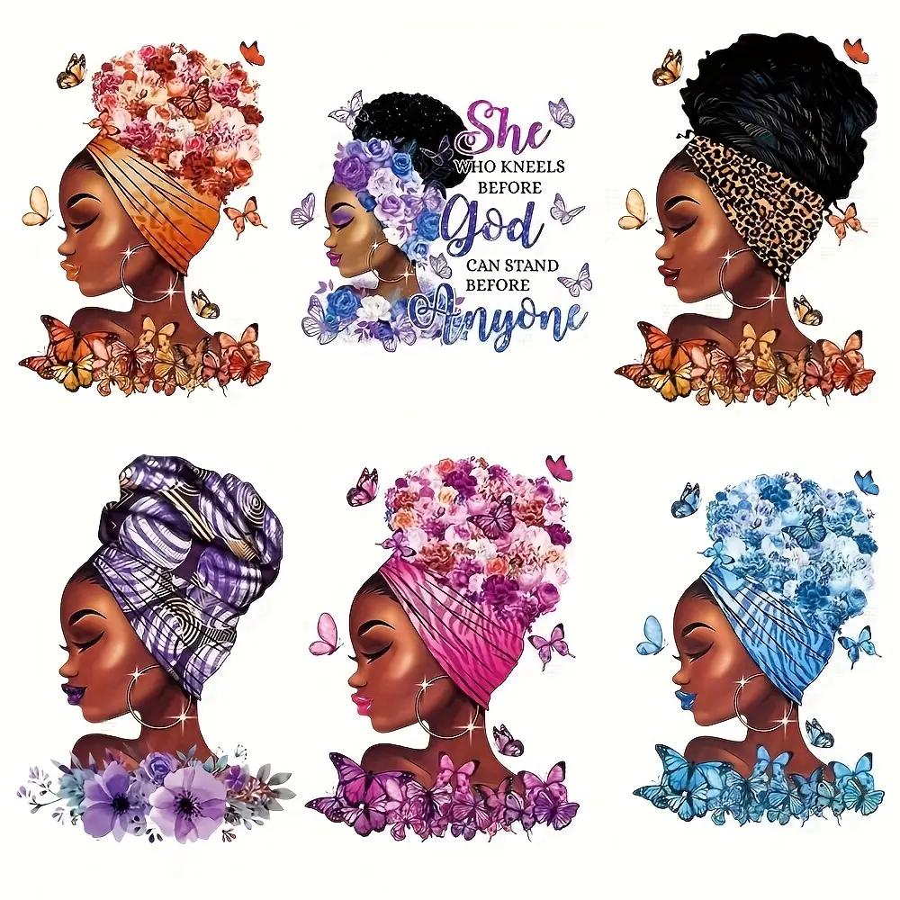 6-Piece African Theme Vinyl Patch Set, Multicolor Washable DIY Friendly Heat Transfer Patches for Clothing & Backpacks, Floral Butterfly Designs, Artistic Touch