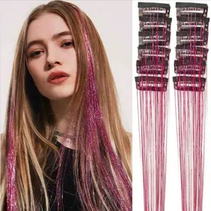 12 Pcs Women's Clip-in Glitter Hair Extensions - Glittery Hair Straight Hair Sparkle Hair Accessories with Colorful Shiny Clips, Perfect for Parties, Holidays, Weddings & Proms | Instant Hair Volume Booster (Easy Clip-on, No Glue Needed)