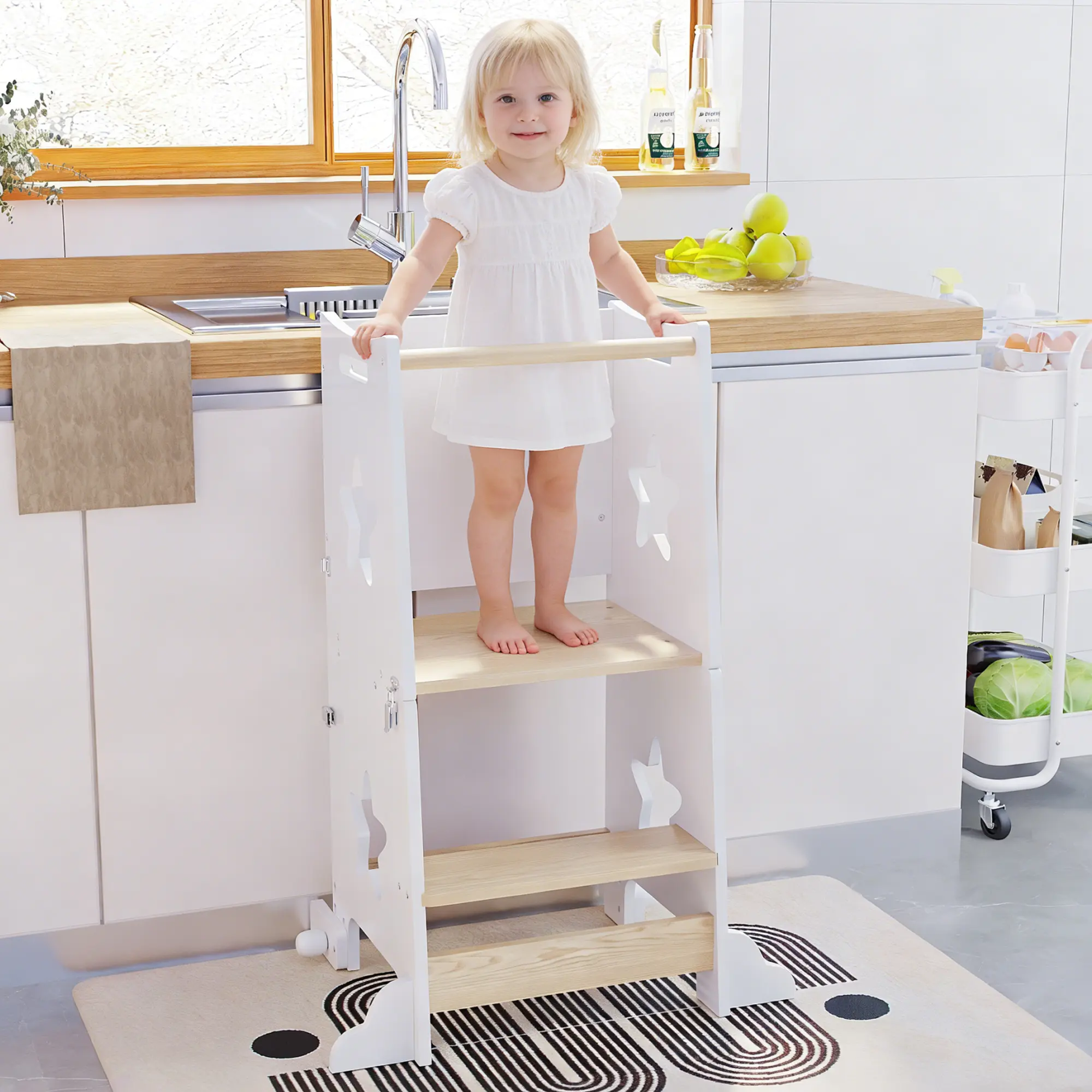 Wooden 3-in-1 Toddler Kitchen Step Stool Helper - Foldable Learning Standing Tower with Blackboard, Gifts for 1-3 Year Old Kids
