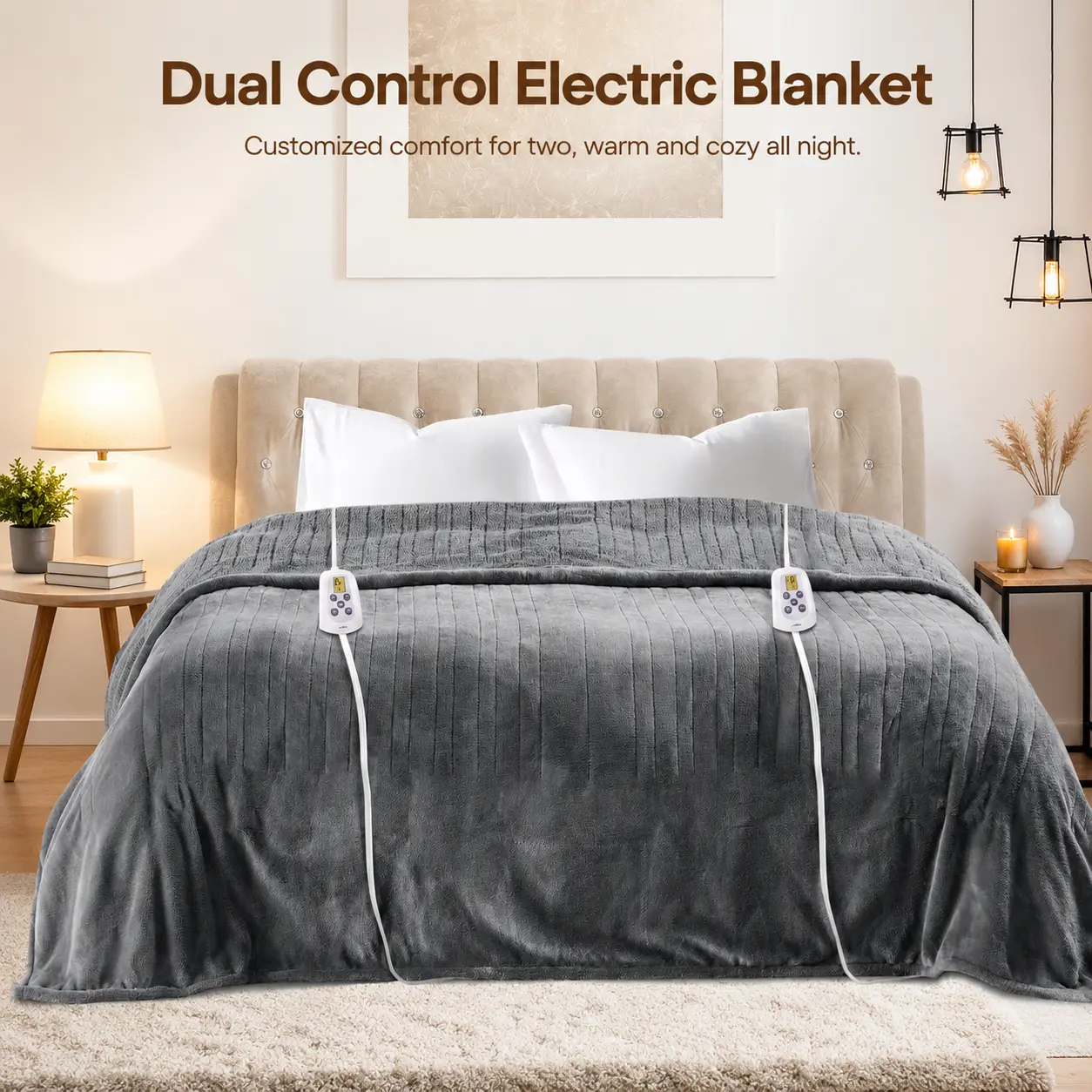 Sunvivi Queen Size Corded Heated Throw Blanket, Double-Flannel, Dual Control, 10 Heating Levels, 0.5-12 Hour Auto Shut-Off, Fast Heating, ETL Certified, Machine Washable, Grey for Bedroom Automatic multifunctional blanket Appliance Left/Ri home essential,