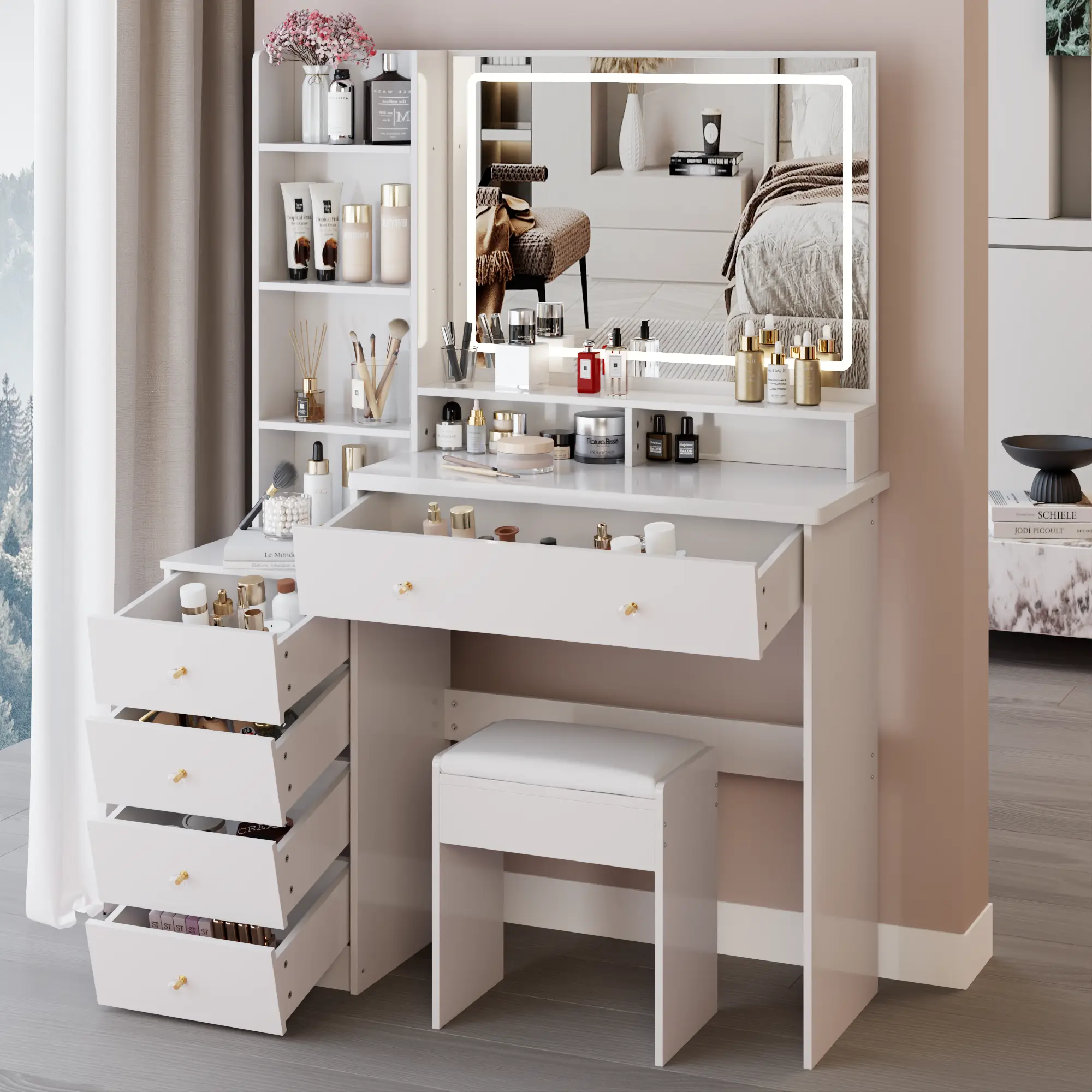 41" Vanity Table Desk Set, Large Sized Bedside Cabinet Vanity Table & Cushioned Stool, Extra Large Touch Control LED Mirror, 3-color Switch, Multi Layer High Capacity Storage Fashionable Dresser, EPA, GCC, UL Certificate