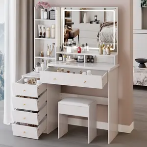 41" Vanity Table Desk Set, Large Sized Bedside Cabinet Vanity Table & Cushioned Stool, Extra Large Touch Control LED Mirror, 3-color Switch, Multi Layer High Capacity Storage Fashionable Dresser, EPA, GCC, UL Certificate