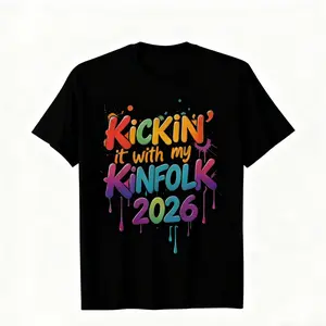Menswear Streetwear 2026 Kickin It with My Kinfolk Family Reunion Short-Sleeve T-Shirt - Black, Neon Glow-in-the-Dark Double Print, Vintage Metalcore Cadena, Round Neck Adult Casual T-Shirts, Machine Washable Group Matching Night Event Top