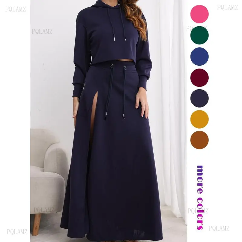 Women's Casual 2-Piece Clothes Set - Solid Knit Drop Shoulder Hoodie and High Waist Split Thigh Skirt Outfit, 2 Piece Set, Cold Wash, Drawstring Hoodie, Tailored, Minimalist, Elegant, Fitted, Hoodie/Jumper